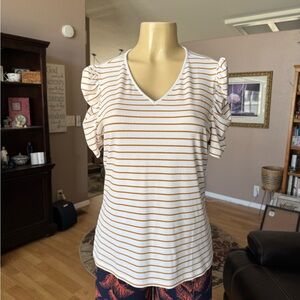 Ann Taylor tan & white striped short puffed sleeves Vneck blouse-size L